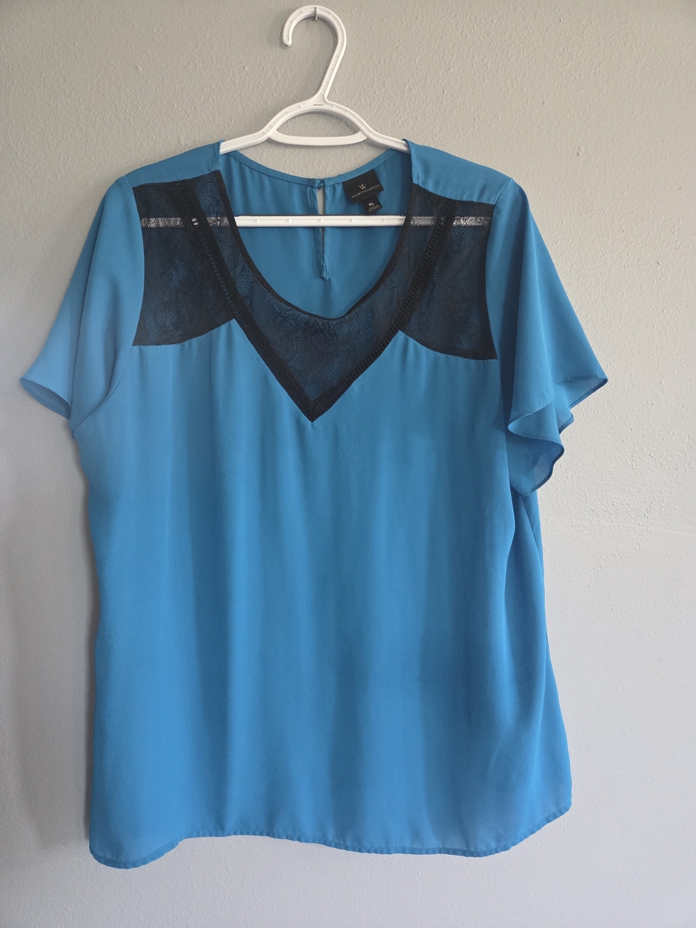 Worthington Teal Blouse with Black Lace Yoke